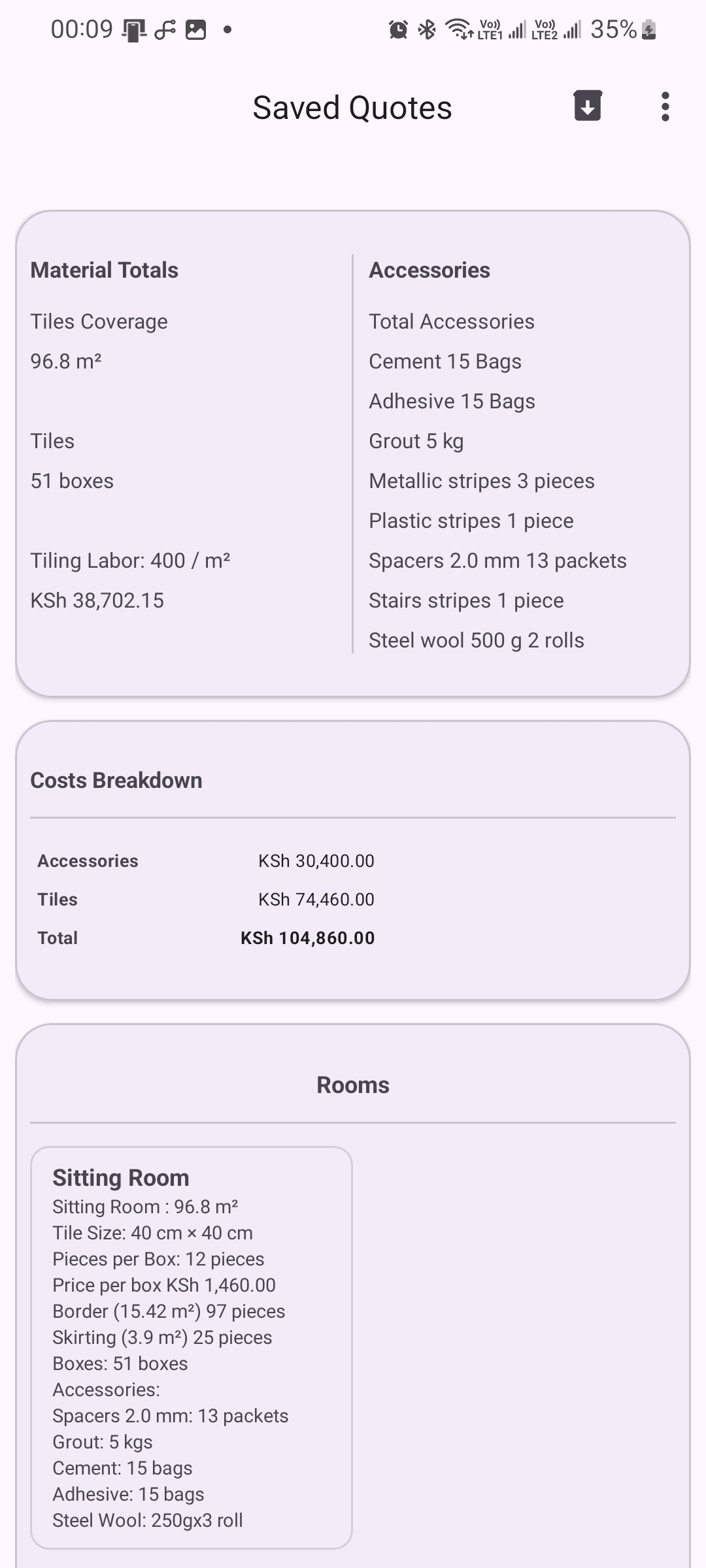 In-app tiling calculation result with border, skirting and accessories.